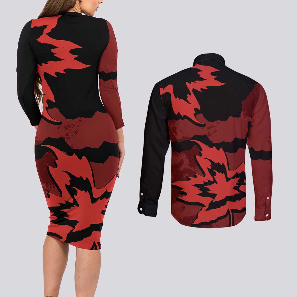 Canada Maple Leaf Couples Matching Long Sleeve Bodycon Dress and Long Sleeve Button Shirt Unique Style Red Version - Wonder Print Shop