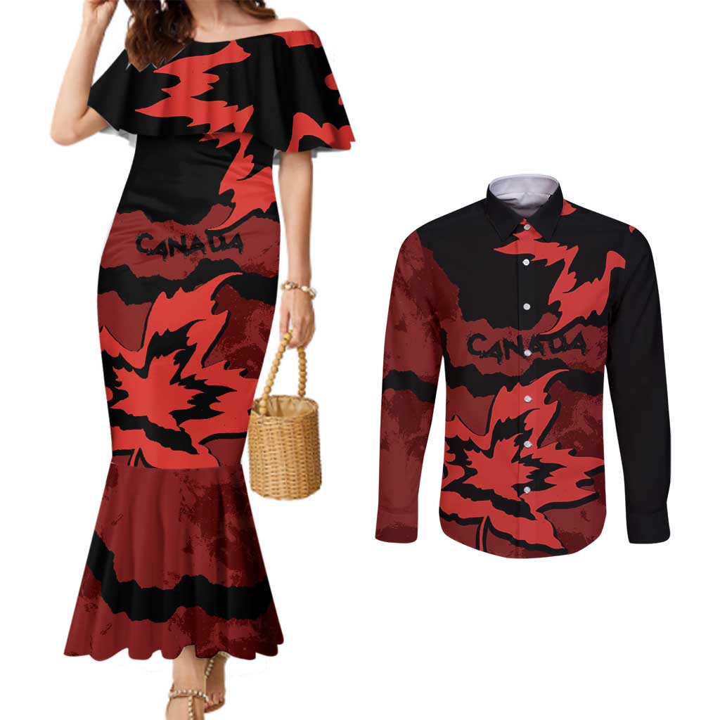 Canada Maple Leaf Couples Matching Mermaid Dress and Long Sleeve Button Shirt Unique Style Red Version - Wonder Print Shop