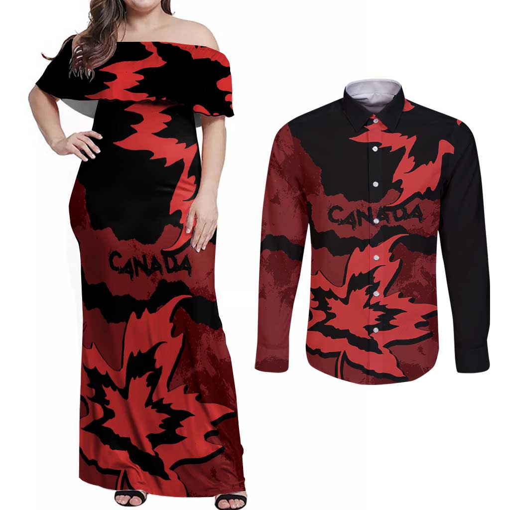 Canada Maple Leaf Couples Matching Off Shoulder Maxi Dress and Long Sleeve Button Shirt Unique Style Red Version - Wonder Print Shop