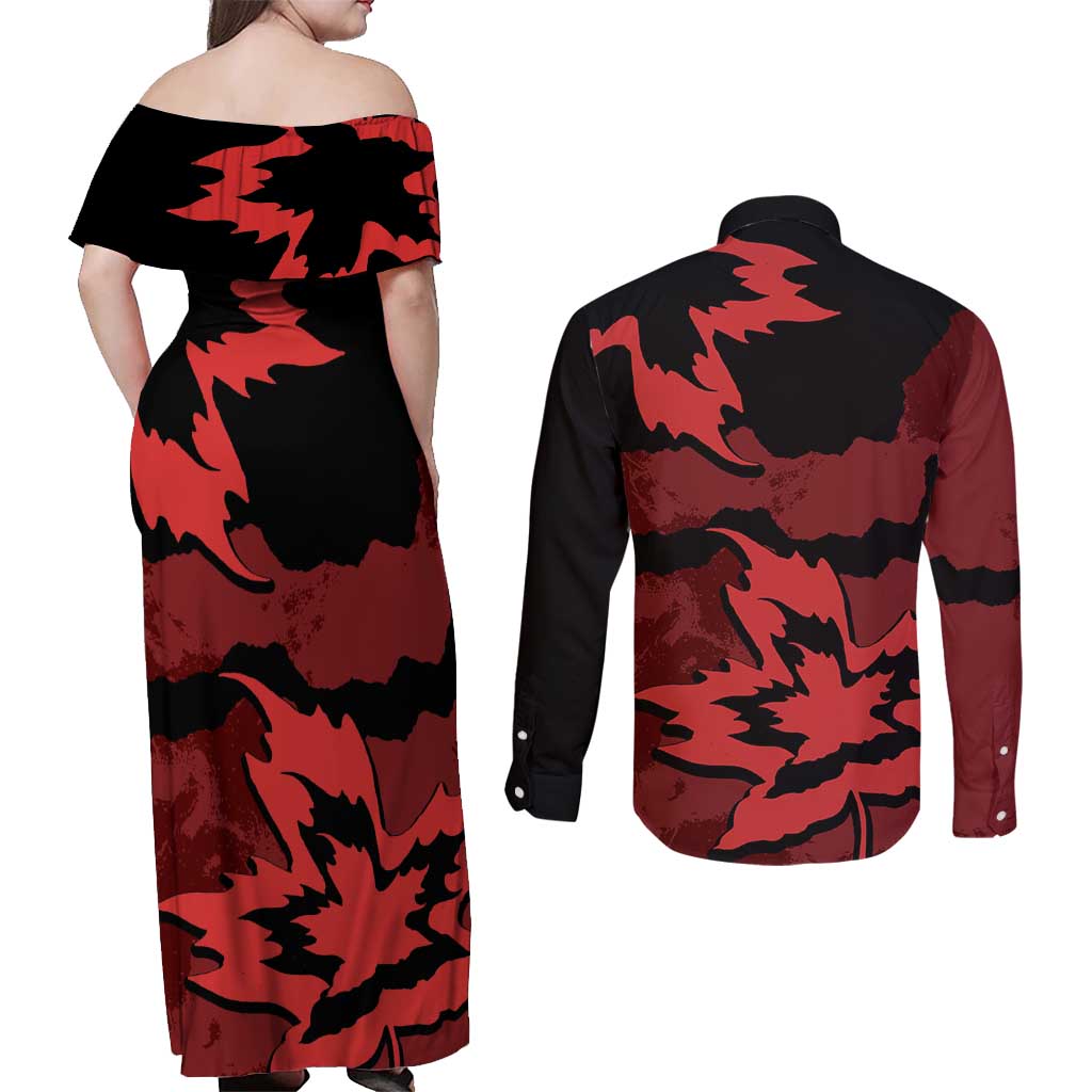 Canada Maple Leaf Couples Matching Off Shoulder Maxi Dress and Long Sleeve Button Shirt Unique Style Red Version - Wonder Print Shop