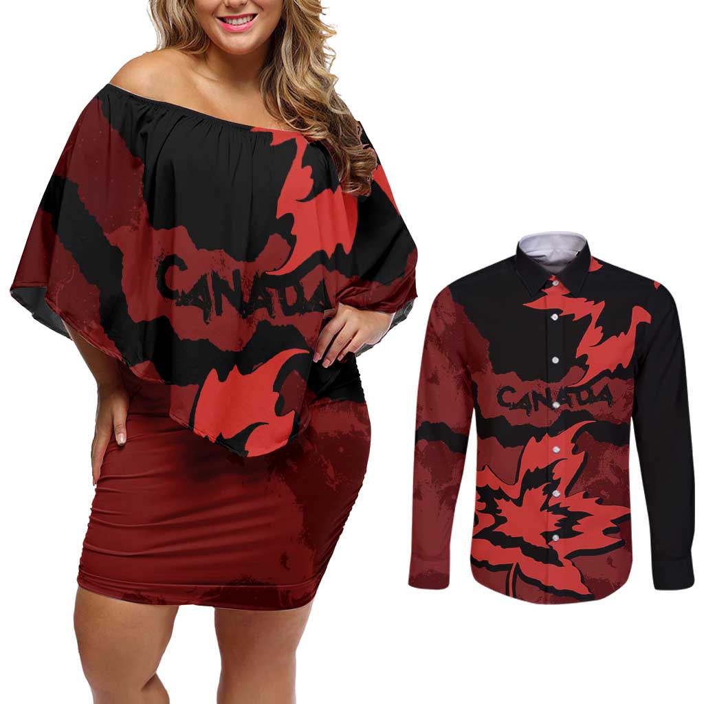 Canada Maple Leaf Couples Matching Off Shoulder Short Dress and Long Sleeve Button Shirt Unique Style Red Version - Wonder Print Shop