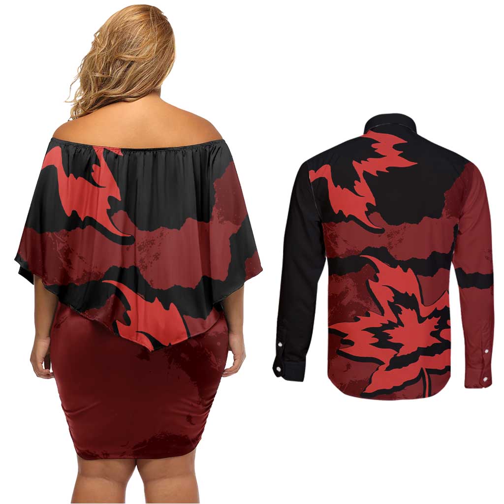 Canada Maple Leaf Couples Matching Off Shoulder Short Dress and Long Sleeve Button Shirt Unique Style Red Version - Wonder Print Shop