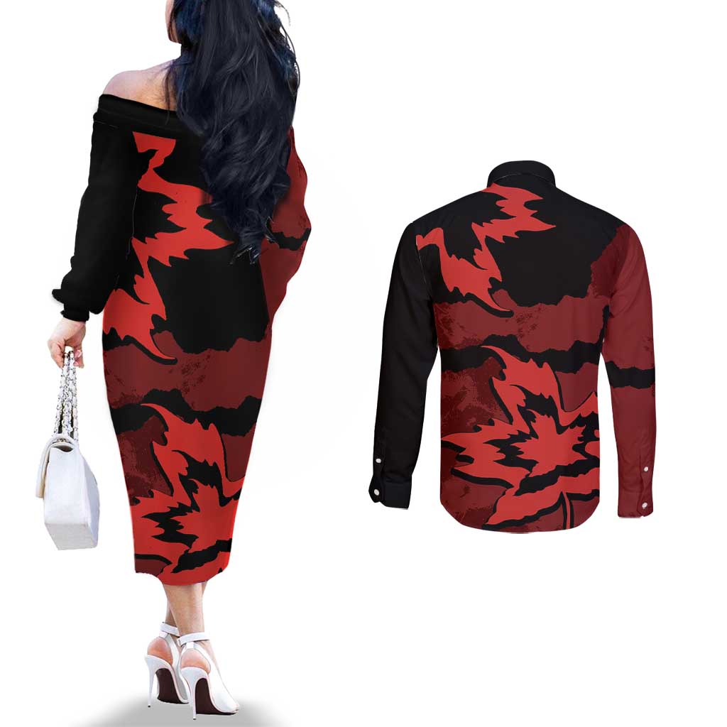 Canada Maple Leaf Couples Matching Off The Shoulder Long Sleeve Dress and Long Sleeve Button Shirt Unique Style Red Version - Wonder Print Shop