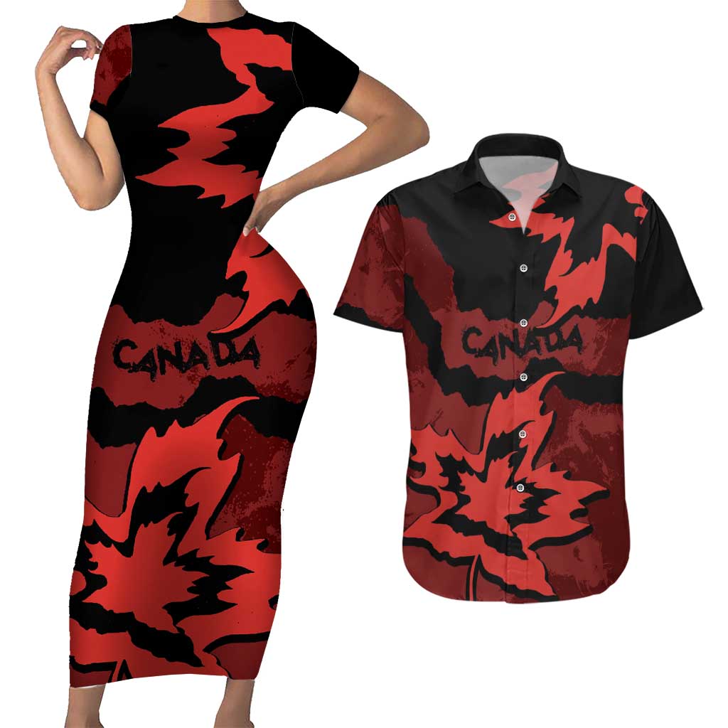 Canada Maple Leaf Couples Matching Short Sleeve Bodycon Dress and Hawaiian Shirt Unique Style Red Version - Wonder Print Shop