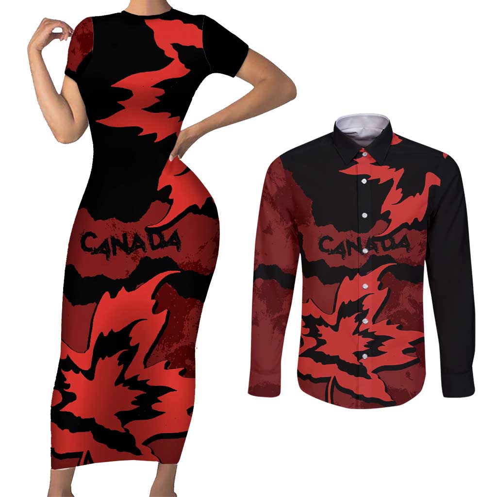 Canada Maple Leaf Couples Matching Short Sleeve Bodycon Dress and Long Sleeve Button Shirt Unique Style Red Version - Wonder Print Shop