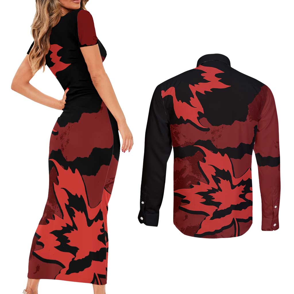 Canada Maple Leaf Couples Matching Short Sleeve Bodycon Dress and Long Sleeve Button Shirt Unique Style Red Version - Wonder Print Shop