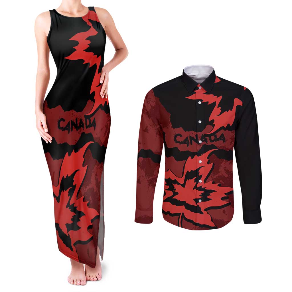 Canada Maple Leaf Couples Matching Tank Maxi Dress and Long Sleeve Button Shirt Unique Style Red Version - Wonder Print Shop