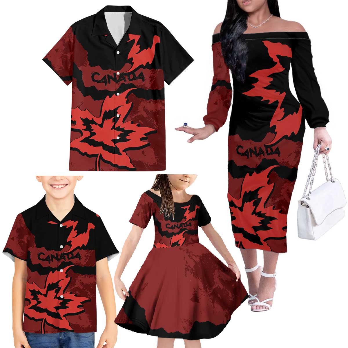 Canada Maple Leaf Family Matching Off The Shoulder Long Sleeve Dress and Hawaiian Shirt Unique Style Red Version - Wonder Print Shop
