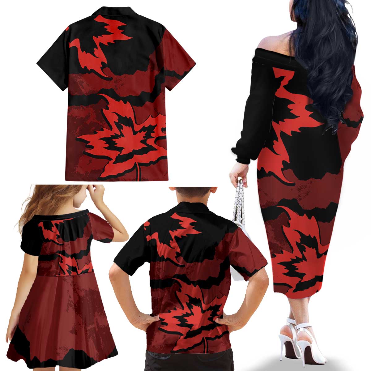 Canada Maple Leaf Family Matching Off The Shoulder Long Sleeve Dress and Hawaiian Shirt Unique Style Red Version - Wonder Print Shop
