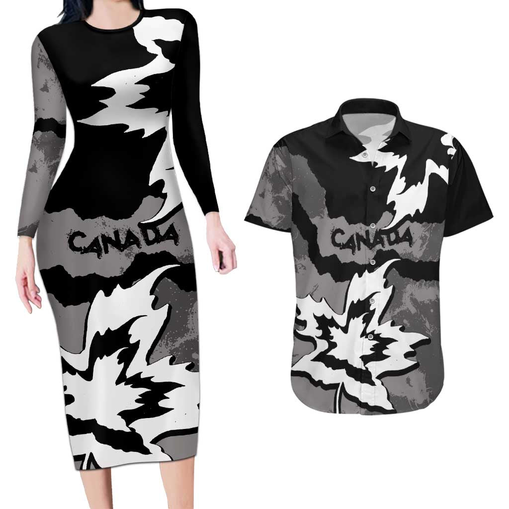 Canada Maple Leaf Couples Matching Long Sleeve Bodycon Dress and Hawaiian Shirt Unique Style Black Version - Wonder Print Shop
