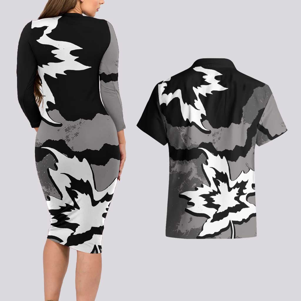 Canada Maple Leaf Couples Matching Long Sleeve Bodycon Dress and Hawaiian Shirt Unique Style Black Version - Wonder Print Shop