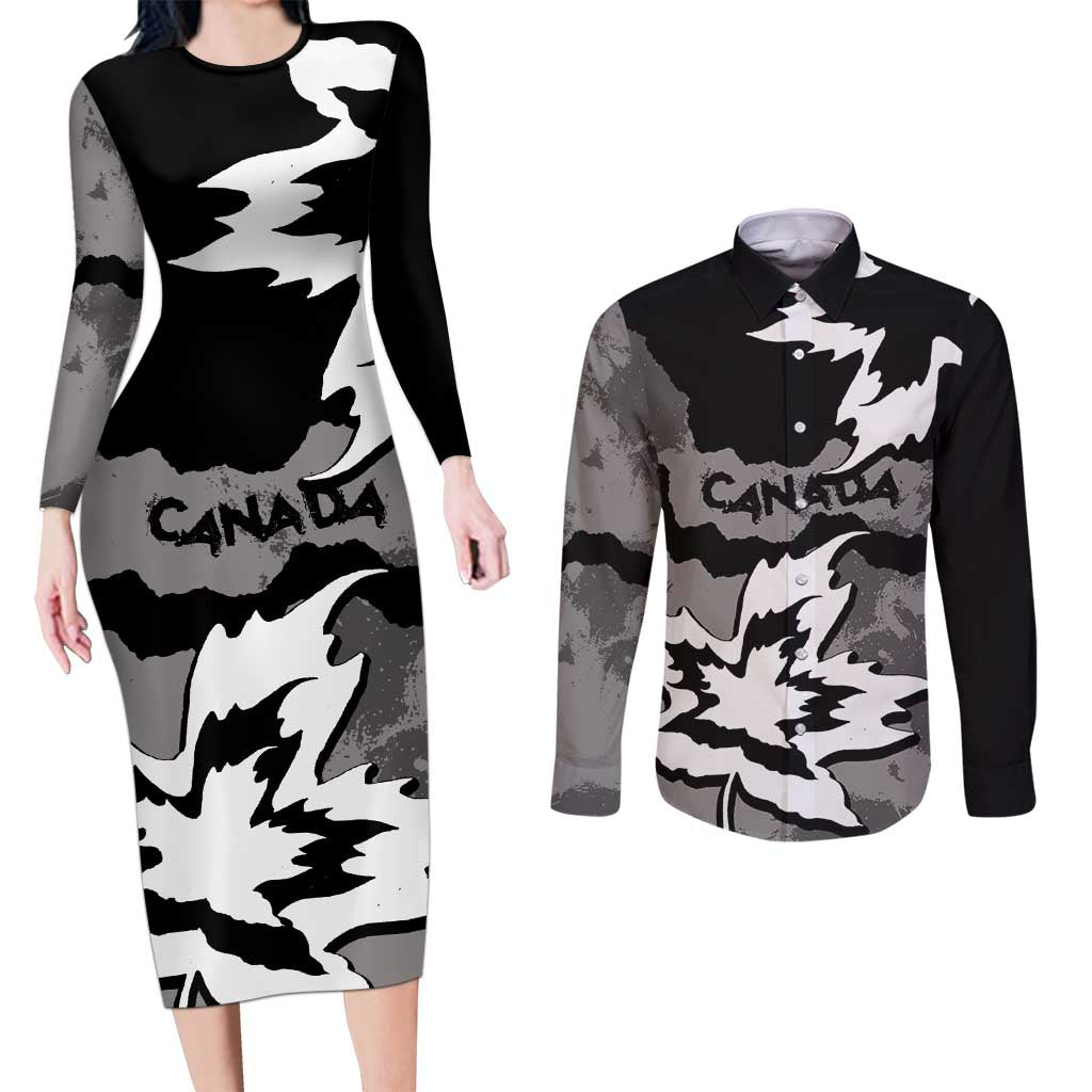 Canada Maple Leaf Couples Matching Long Sleeve Bodycon Dress and Long Sleeve Button Shirt Unique Style Black Version - Wonder Print Shop