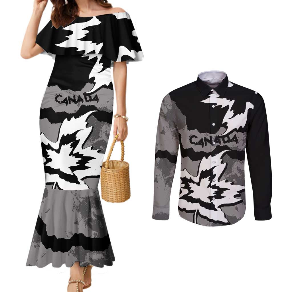 Canada Maple Leaf Couples Matching Mermaid Dress and Long Sleeve Button Shirt Unique Style Black Version - Wonder Print Shop