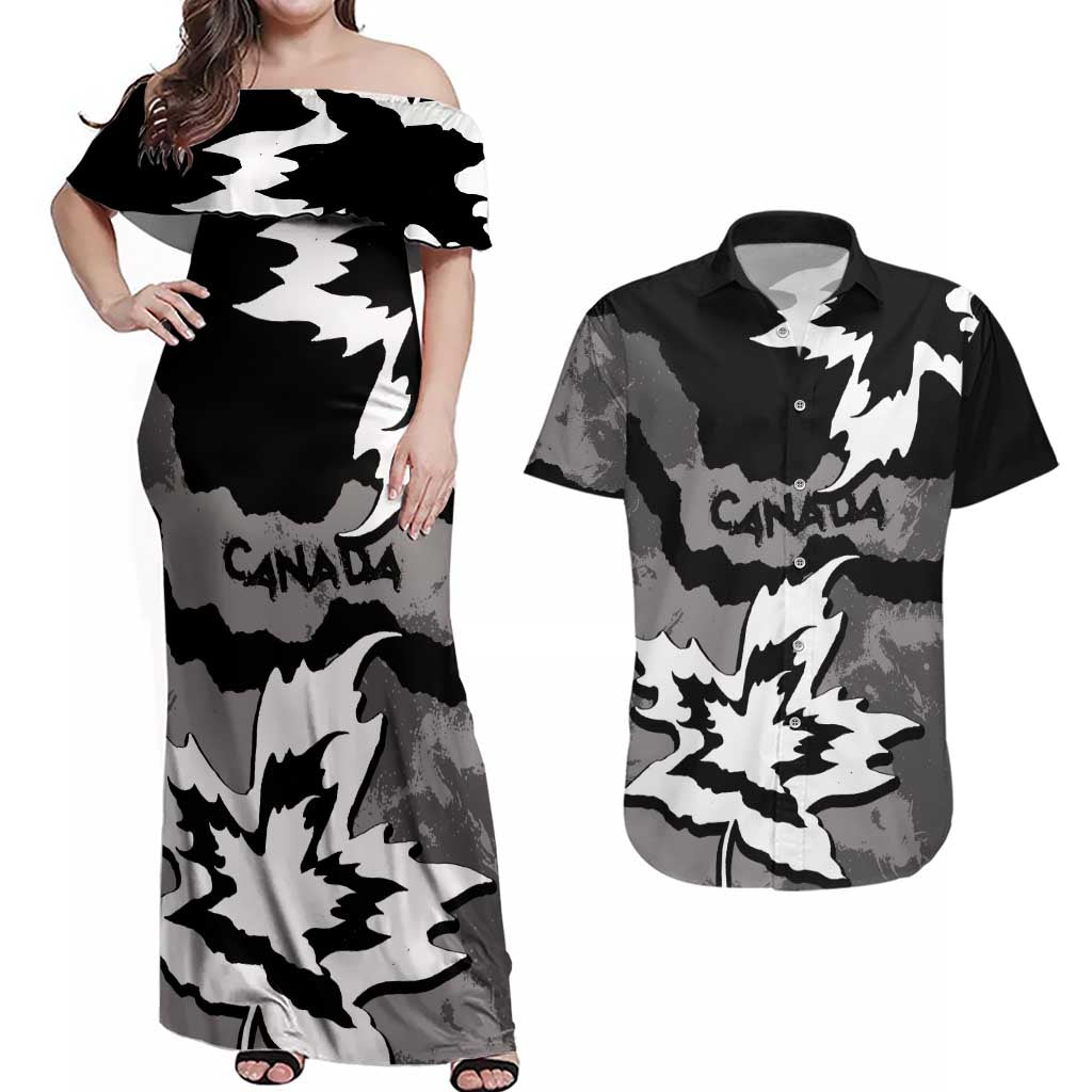 Canada Maple Leaf Couples Matching Off Shoulder Maxi Dress and Hawaiian Shirt Unique Style Black Version - Wonder Print Shop