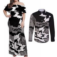 Canada Maple Leaf Couples Matching Off Shoulder Maxi Dress and Long Sleeve Button Shirt Unique Style Black Version - Wonder Print Shop