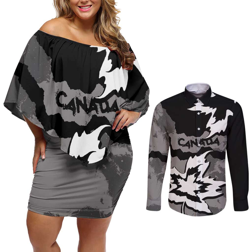 Canada Maple Leaf Couples Matching Off Shoulder Short Dress and Long Sleeve Button Shirt Unique Style Black Version - Wonder Print Shop