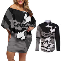 Canada Maple Leaf Couples Matching Off Shoulder Short Dress and Long Sleeve Button Shirt Unique Style Black Version - Wonder Print Shop