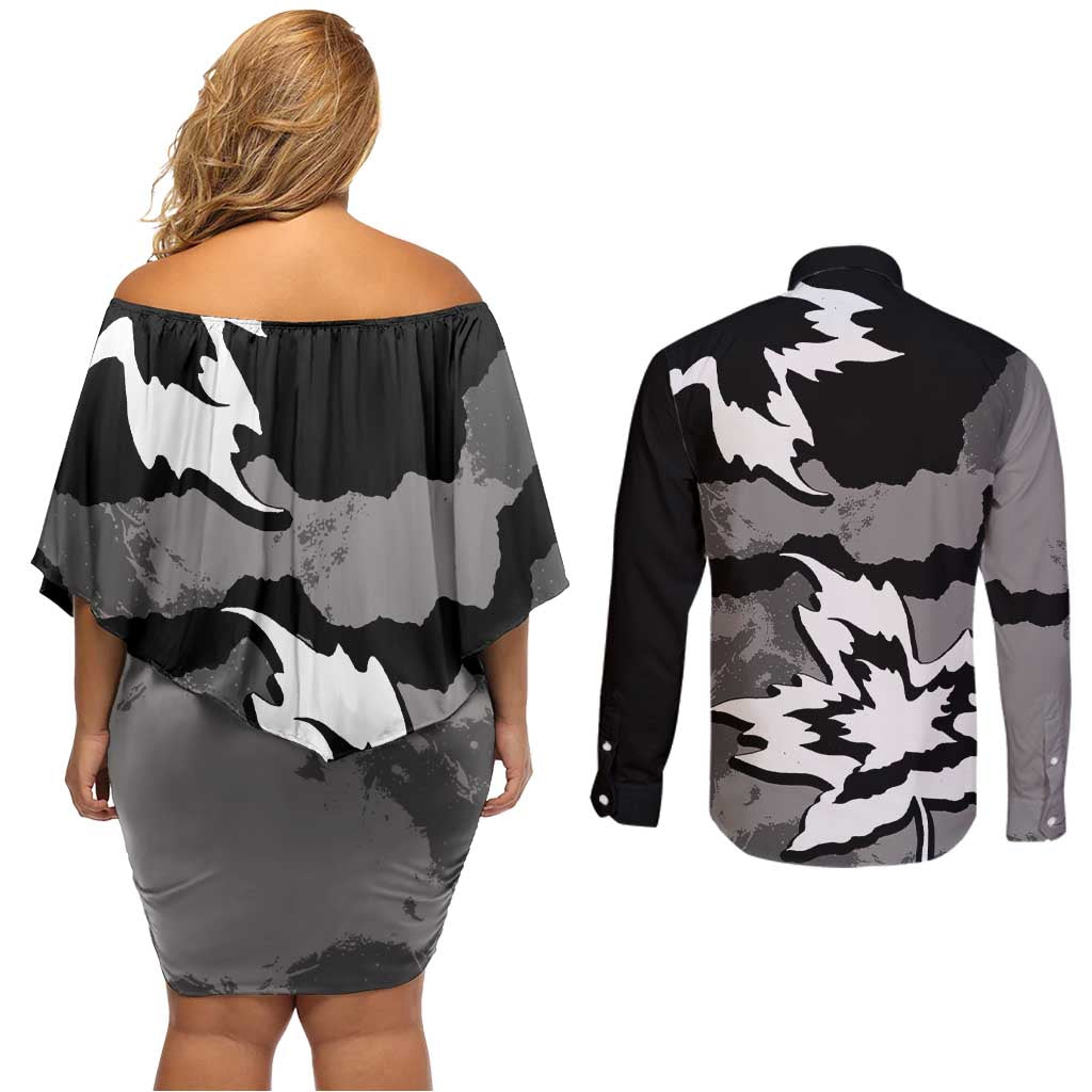 Canada Maple Leaf Couples Matching Off Shoulder Short Dress and Long Sleeve Button Shirt Unique Style Black Version - Wonder Print Shop