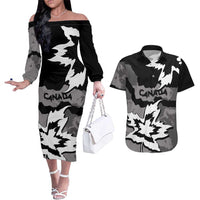 Canada Maple Leaf Couples Matching Off The Shoulder Long Sleeve Dress and Hawaiian Shirt Unique Style Black Version - Wonder Print Shop