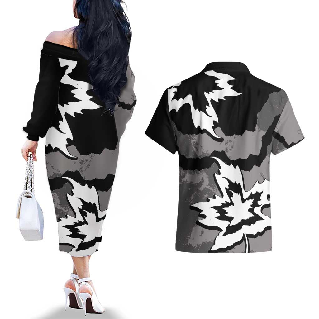 Canada Maple Leaf Couples Matching Off The Shoulder Long Sleeve Dress and Hawaiian Shirt Unique Style Black Version - Wonder Print Shop