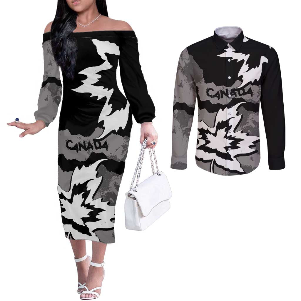 Canada Maple Leaf Couples Matching Off The Shoulder Long Sleeve Dress and Long Sleeve Button Shirt Unique Style Black Version - Wonder Print Shop