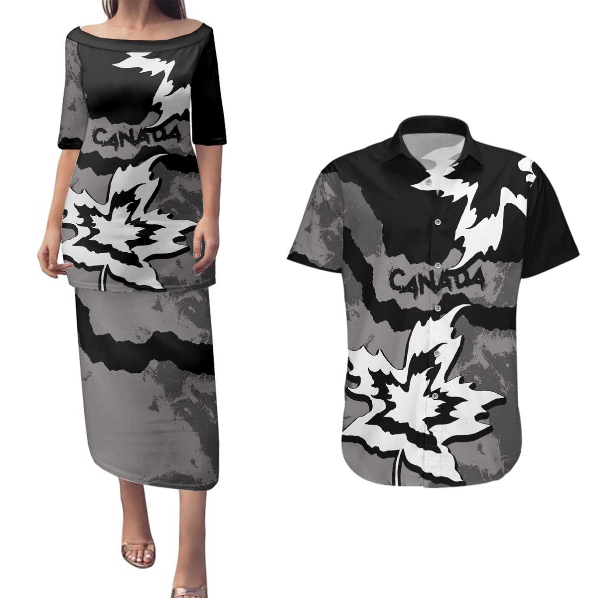 Canada Maple Leaf Couples Matching Puletasi and Hawaiian Shirt Unique Style Black Version - Wonder Print Shop