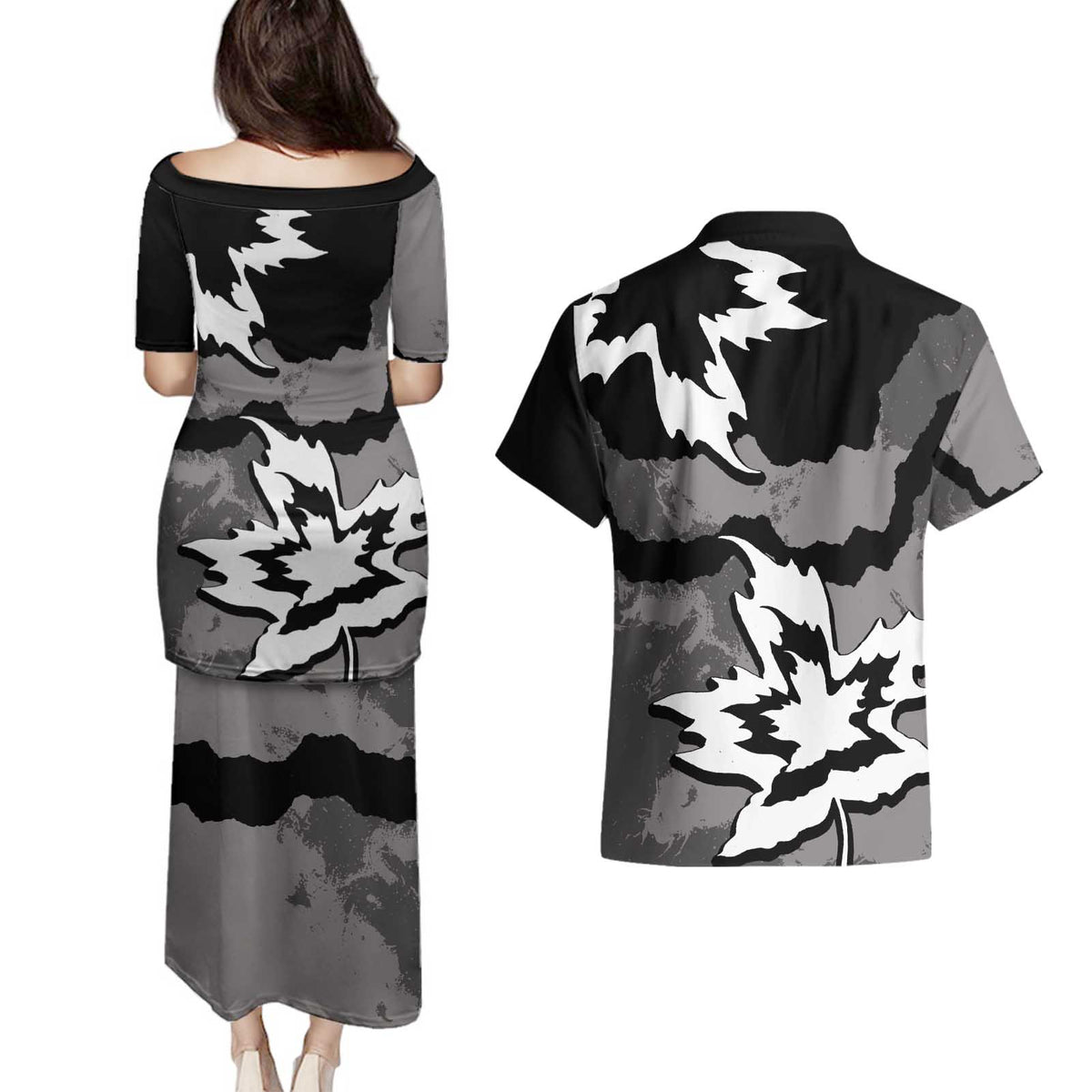 Canada Maple Leaf Couples Matching Puletasi and Hawaiian Shirt Unique Style Black Version - Wonder Print Shop