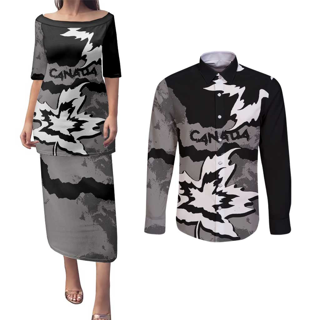 Canada Maple Leaf Couples Matching Puletasi and Long Sleeve Button Shirt Unique Style Black Version - Wonder Print Shop