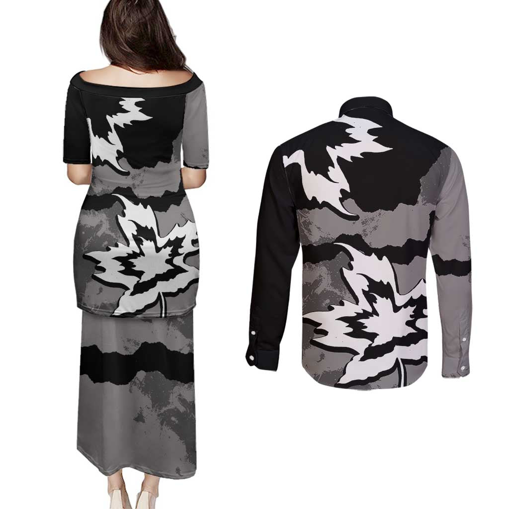 Canada Maple Leaf Couples Matching Puletasi and Long Sleeve Button Shirt Unique Style Black Version - Wonder Print Shop