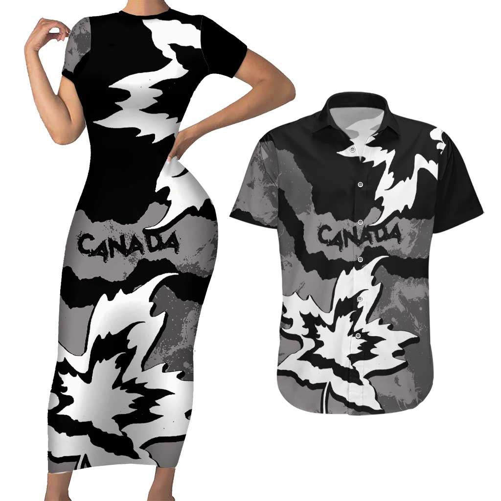 Canada Maple Leaf Couples Matching Short Sleeve Bodycon Dress and Hawaiian Shirt Unique Style Black Version - Wonder Print Shop
