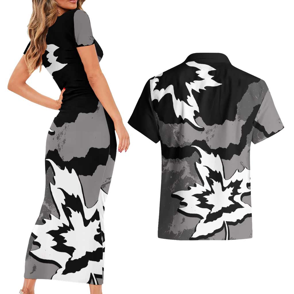 Canada Maple Leaf Couples Matching Short Sleeve Bodycon Dress and Hawaiian Shirt Unique Style Black Version - Wonder Print Shop