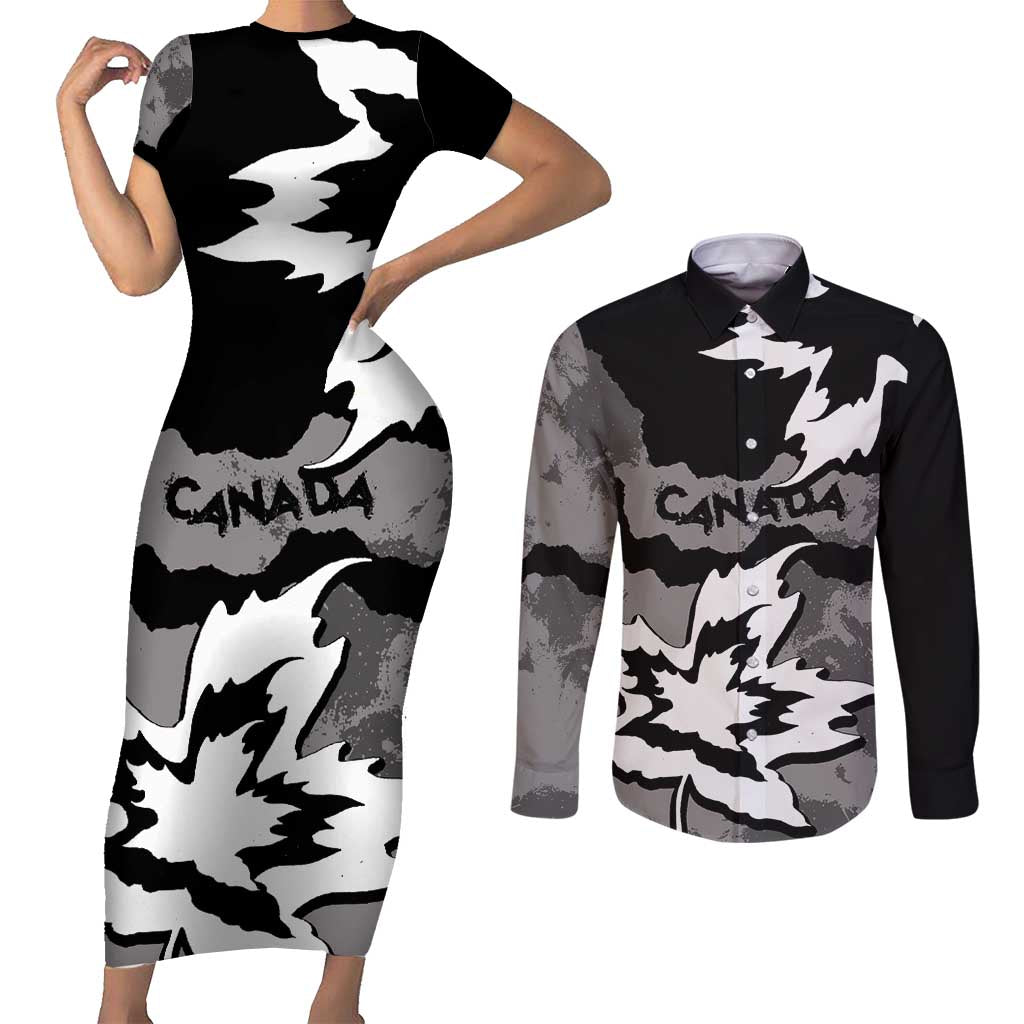 Canada Maple Leaf Couples Matching Short Sleeve Bodycon Dress and Long Sleeve Button Shirt Unique Style Black Version - Wonder Print Shop