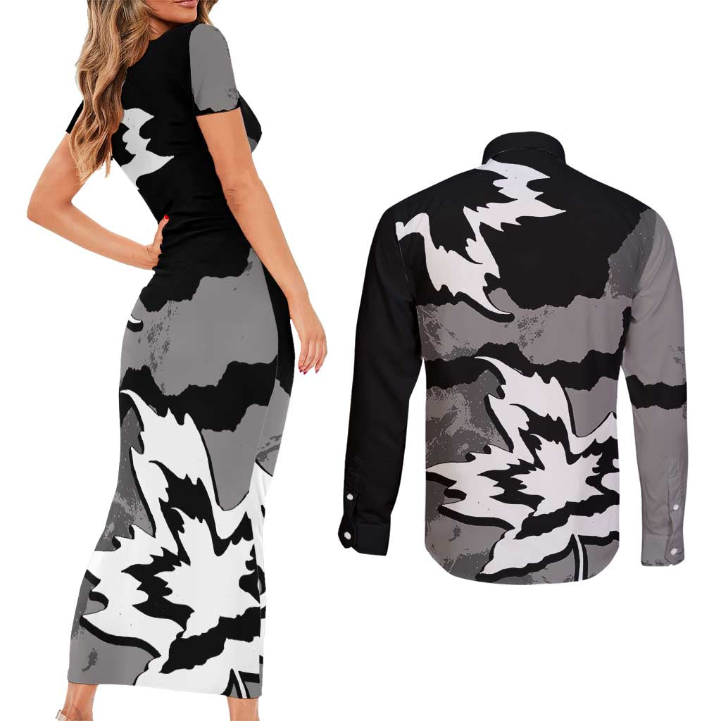 Canada Maple Leaf Couples Matching Short Sleeve Bodycon Dress and Long Sleeve Button Shirt Unique Style Black Version - Wonder Print Shop
