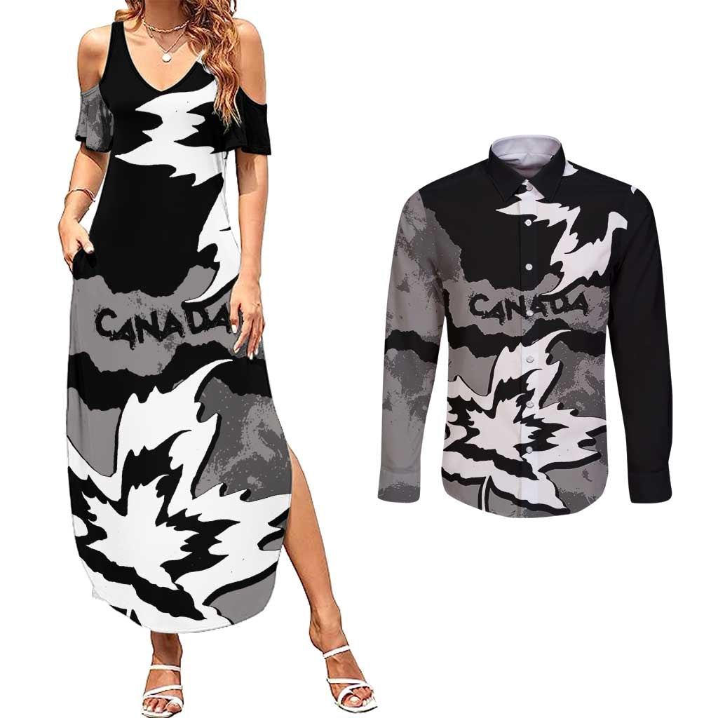 Canada Maple Leaf Couples Matching Summer Maxi Dress and Long Sleeve Button Shirt Unique Style Black Version - Wonder Print Shop