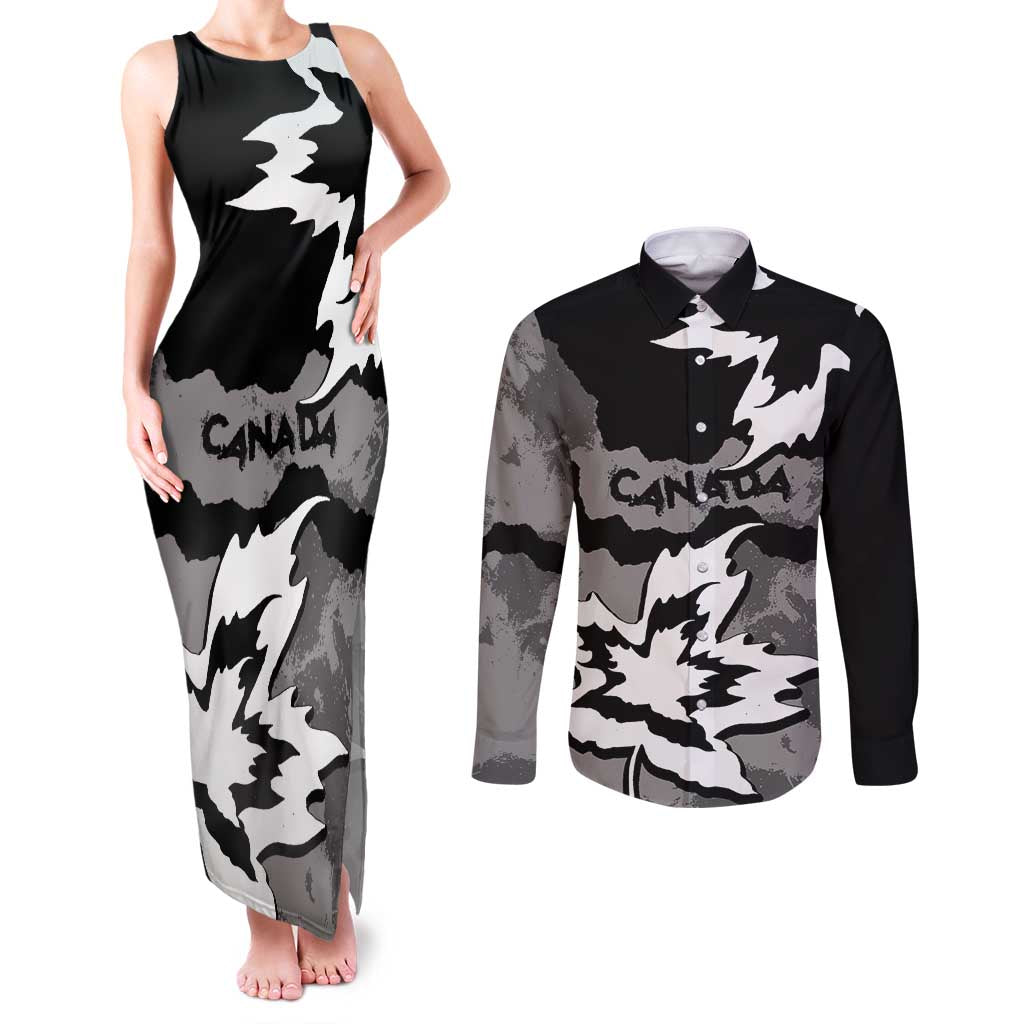 Canada Maple Leaf Couples Matching Tank Maxi Dress and Long Sleeve Button Shirt Unique Style Black Version - Wonder Print Shop