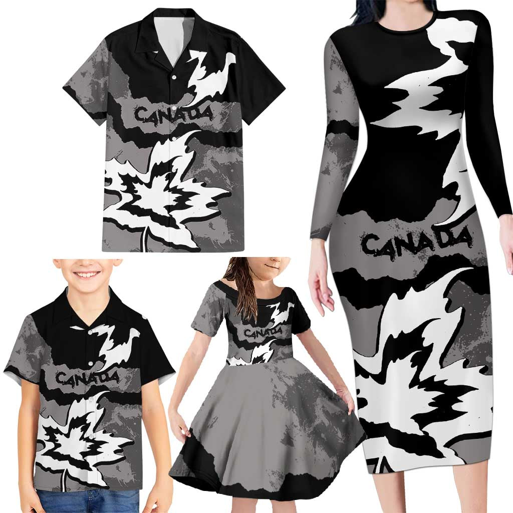 Canada Maple Leaf Family Matching Long Sleeve Bodycon Dress and Hawaiian Shirt Unique Style Black Version - Wonder Print Shop