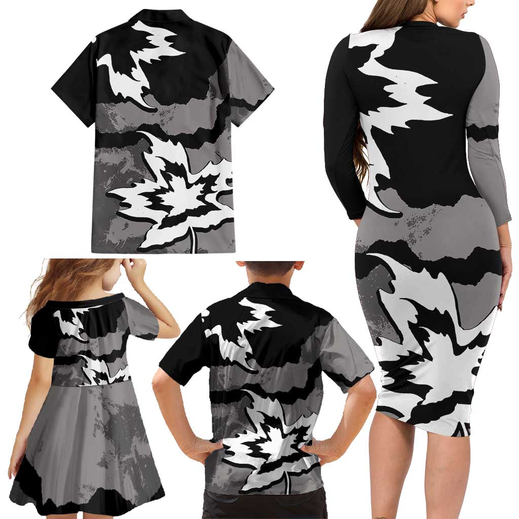 Canada Maple Leaf Family Matching Long Sleeve Bodycon Dress and Hawaiian Shirt Unique Style Black Version - Wonder Print Shop