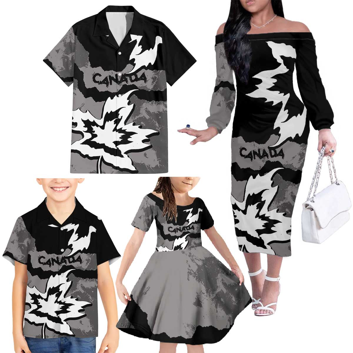 Canada Maple Leaf Family Matching Off The Shoulder Long Sleeve Dress and Hawaiian Shirt Unique Style Black Version - Wonder Print Shop