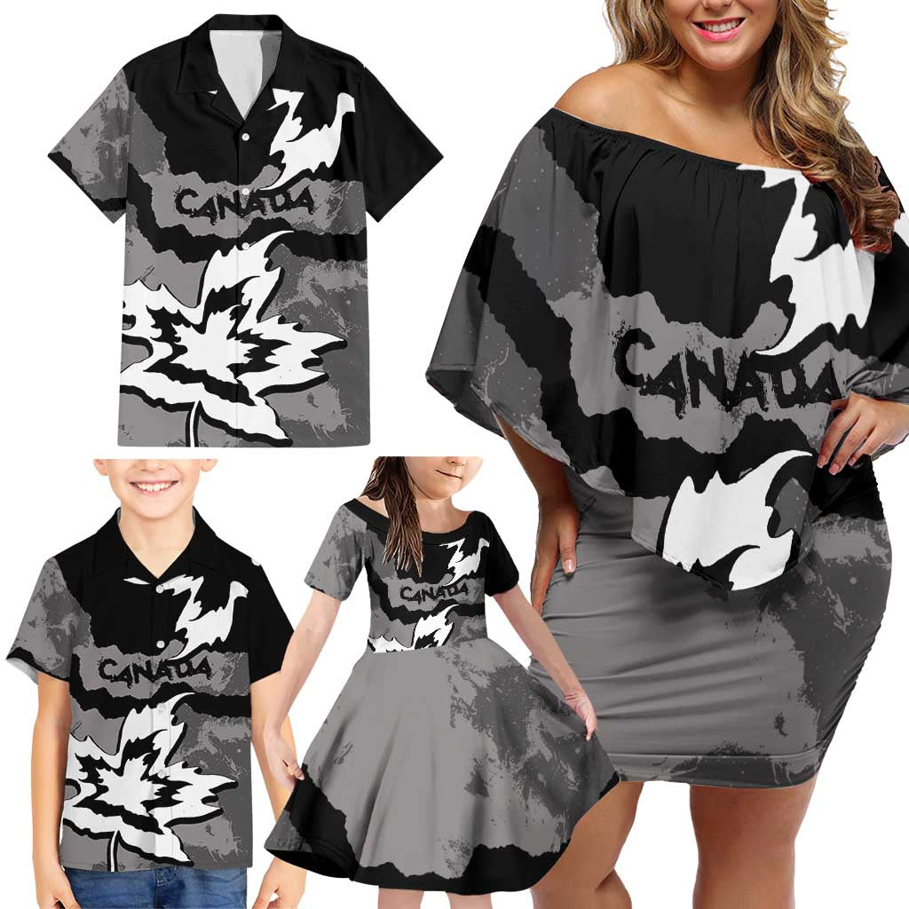 Canada Maple Leaf Family Matching Off Shoulder Short Dress and Hawaiian Shirt Unique Style Black Version - Wonder Print Shop