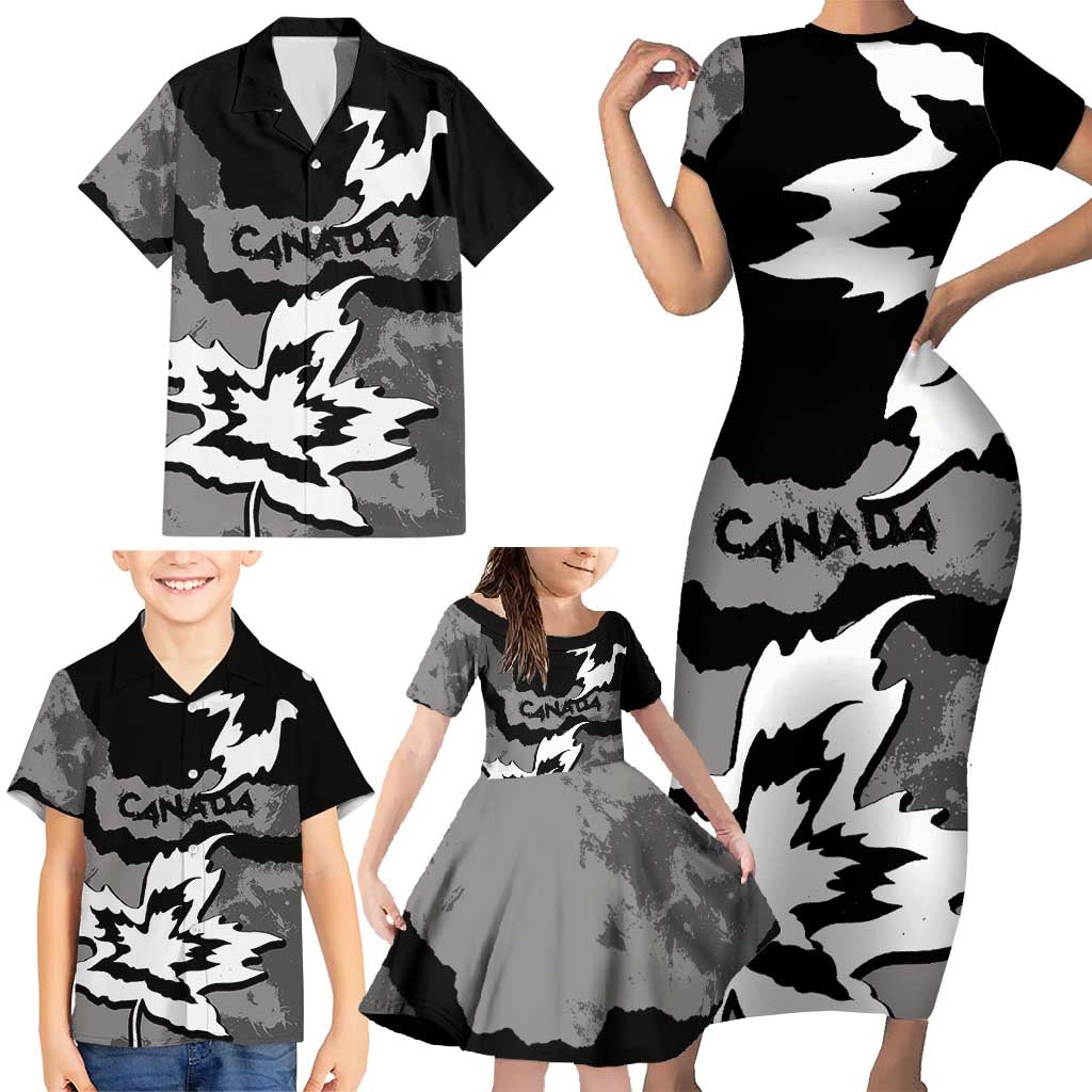 Canada Maple Leaf Family Matching Short Sleeve Bodycon Dress and Hawaiian Shirt Unique Style Black Version - Wonder Print Shop