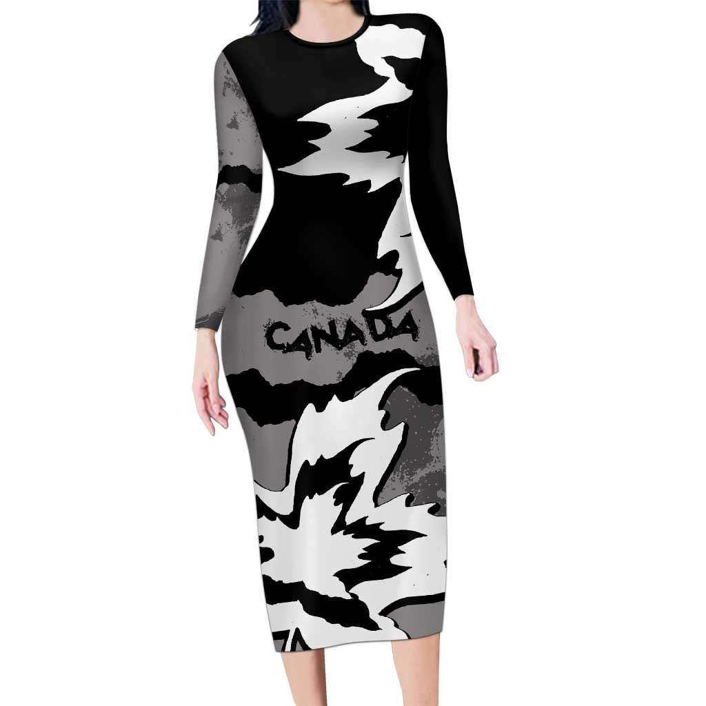 Canada Maple Leaf Long Sleeve Bodycon Dress Unique Style Black Version - Wonder Print Shop