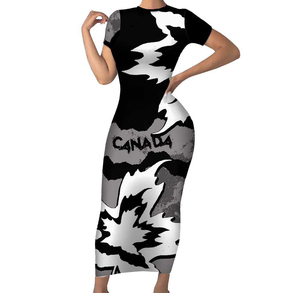 Canada Maple Leaf Short Sleeve Bodycon Dress Unique Style Black Version - Wonder Print Shop