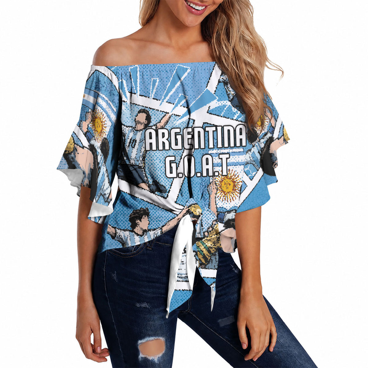 Custom Argentina Football Off Shoulder Wrap Waist Top Goat Comic Style Sun Of May