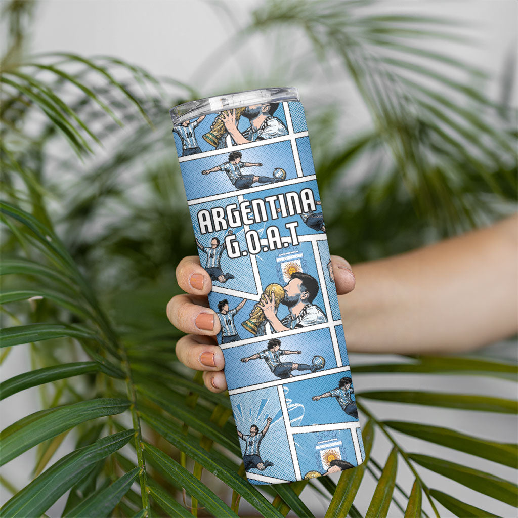 Custom Argentina Football Skinny Tumbler Goat Comic Style Sun Of May