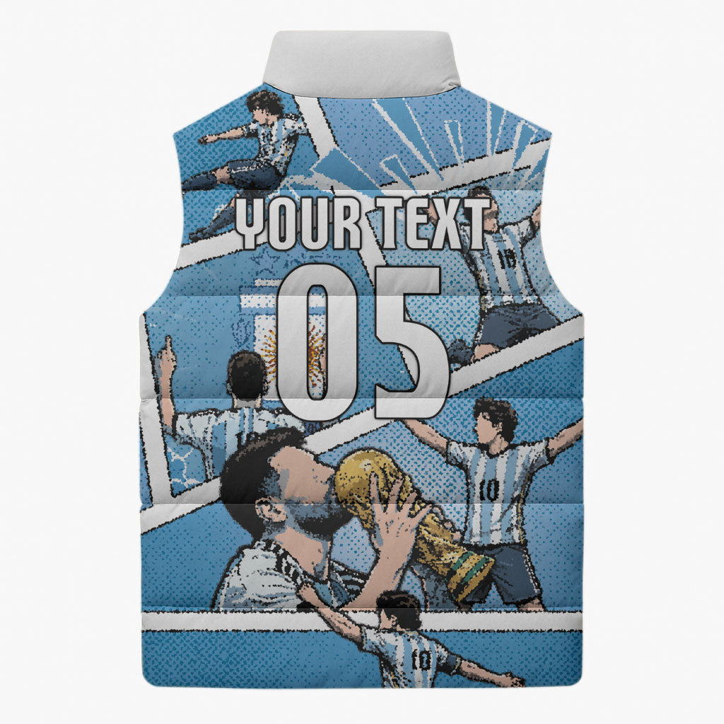 Custom Argentina Football Sleeveless Puffer Jacket Goat Comic Style Sun Of May