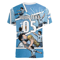 Custom Argentina Football Women V-Neck T-Shirt Goat Comic Style Sun Of May