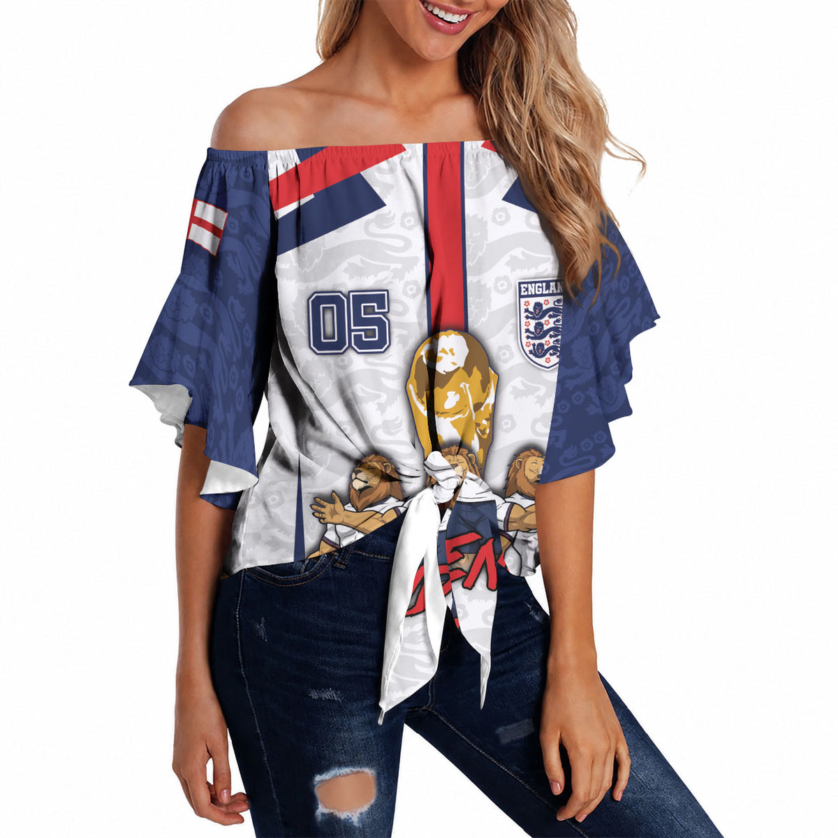Custom England Football Off Shoulder Wrap Waist Top Three Lions Trophy St George Cross