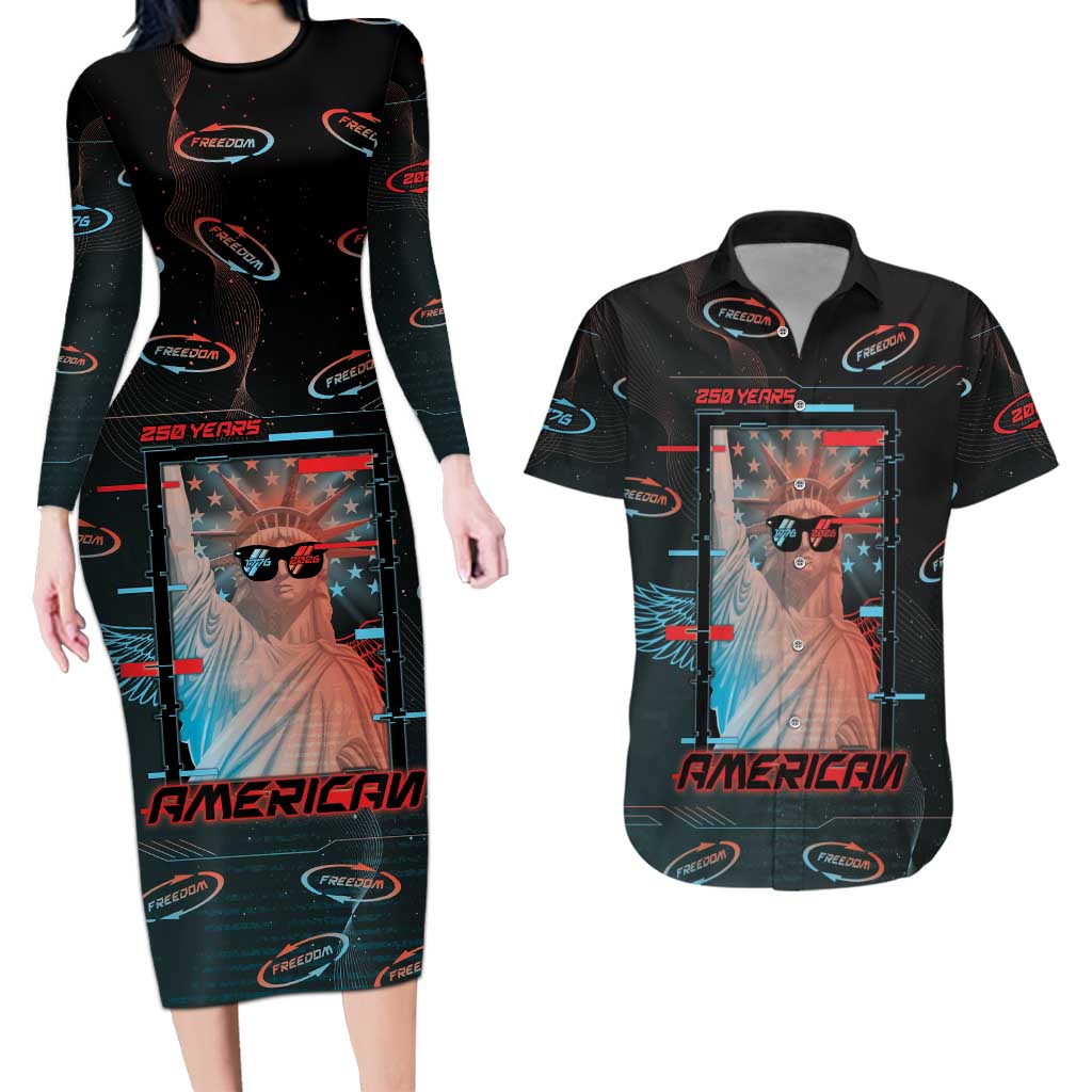United States 250th Anniversary Couples Matching Long Sleeve Bodycon Dress and Hawaiian Shirt Statue Of Liberty Cyberpunk Style - Wonder Print Shop