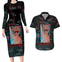 United States 250th Anniversary Couples Matching Long Sleeve Bodycon Dress and Hawaiian Shirt Statue Of Liberty Cyberpunk Style - Wonder Print Shop