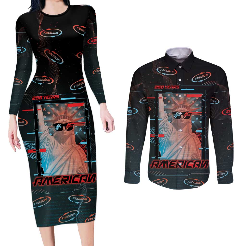 United States 250th Anniversary Couples Matching Long Sleeve Bodycon Dress and Long Sleeve Button Shirt Statue Of Liberty Cyberpunk Style - Wonder Print Shop